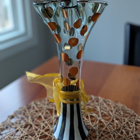 MacKenzie Childs Clown Gold Polka Dots Ruffled Edges Black White Stripes Vase 11